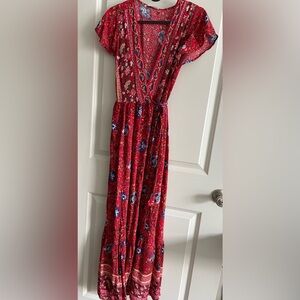 Short Sleeve Floral Print Bohemian Beach Waist Tie Wrap Long Flowy Dress